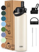 VANN® 3-Wandige RVS Drinkfles 650 ML met rietje voor volwassenen – Met 5 accessoires – Thermosfles – 24 uur koud/12 uur warm – Oatmeal – VANN Ultimate Bottle®