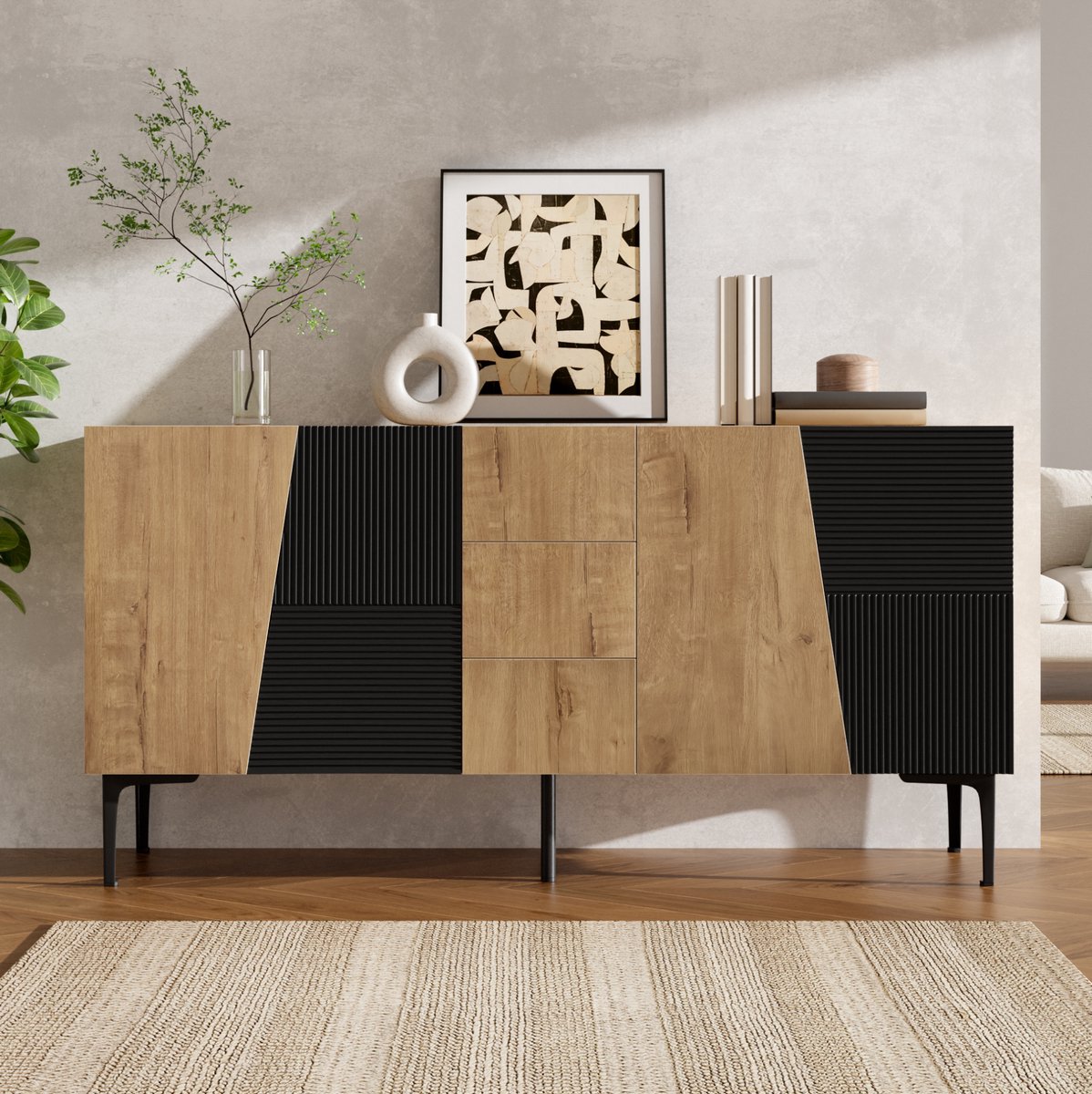 HAUSS SPOLE Dressoir Met Vier Deuren En Drie Lades Voor Woonkamer En Eetkamer Van Spaanplaat In Natuurlijke Houtlook En Zwart 160x40x80 Cm Naturel/zwart