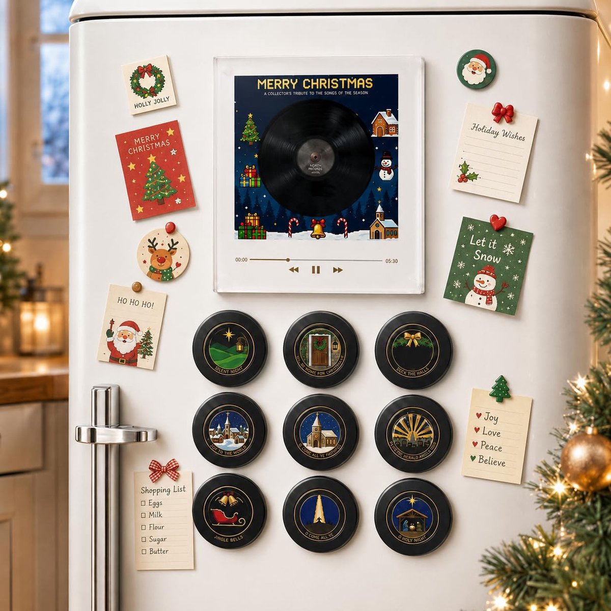 Namajunas - Mini kerst platenspeler koelkastmagneet - kerst muziekdoosje - Met 9 NFC kaarten - Bevat 9 nummers - DIY muziek - Oplaadbare - 400mAh - Stevige ABS - sterke magneet voor stevige bevestiging op koelkast - Cadeaus voor kerst, sinterklaas