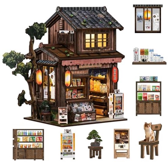 Miniatuur Japanse kruidenierswinkel met gedetailleerd interieur, toonbank, frisdrankautomaat, bonsai boom en een kat op een stoel.