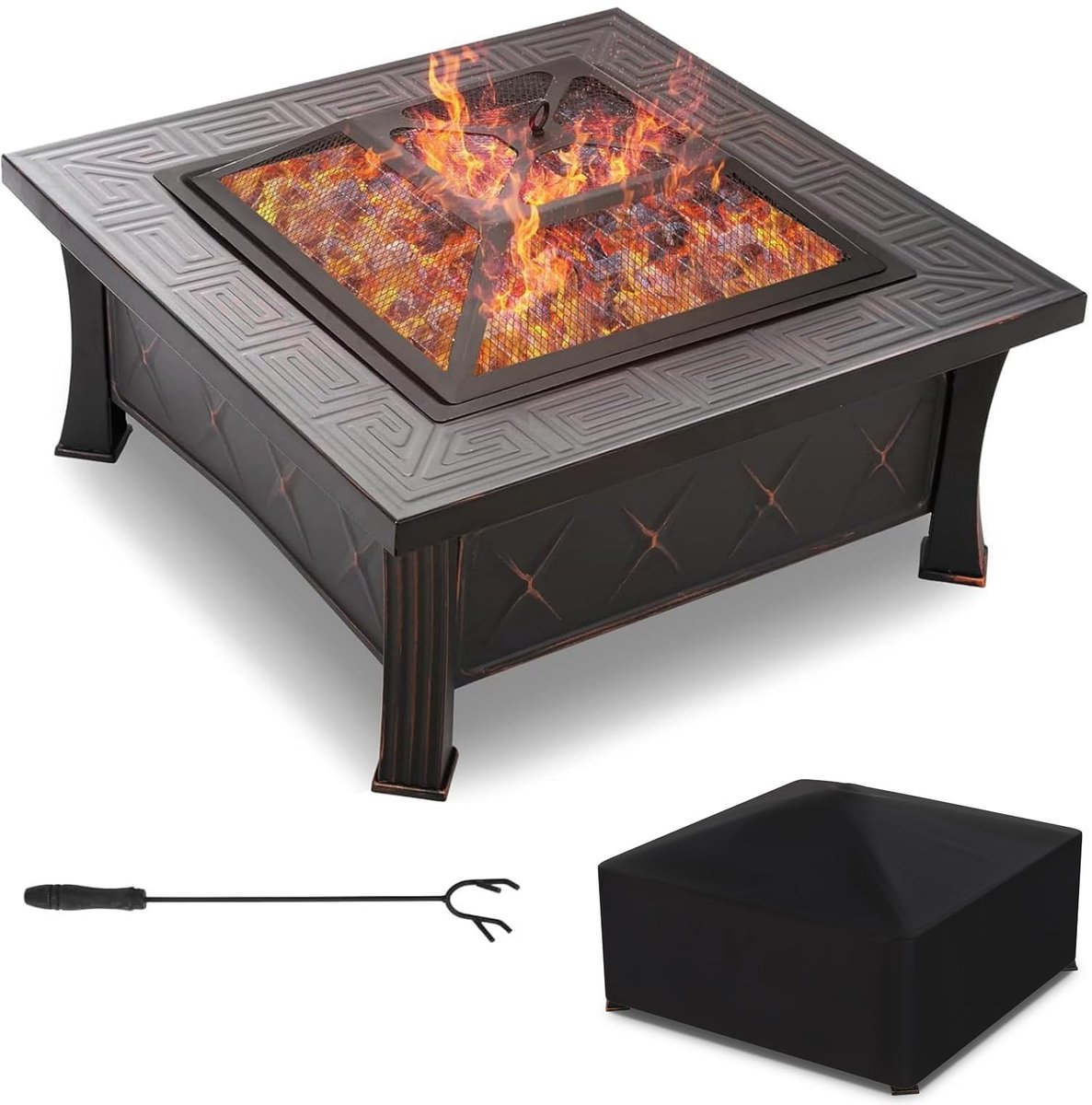TLGREEN Vuurschaal met grillrooster en vonkbescherming - vierkant - 81 x 81 x 51 cm - voor BBQ Camping Terrasverwarming