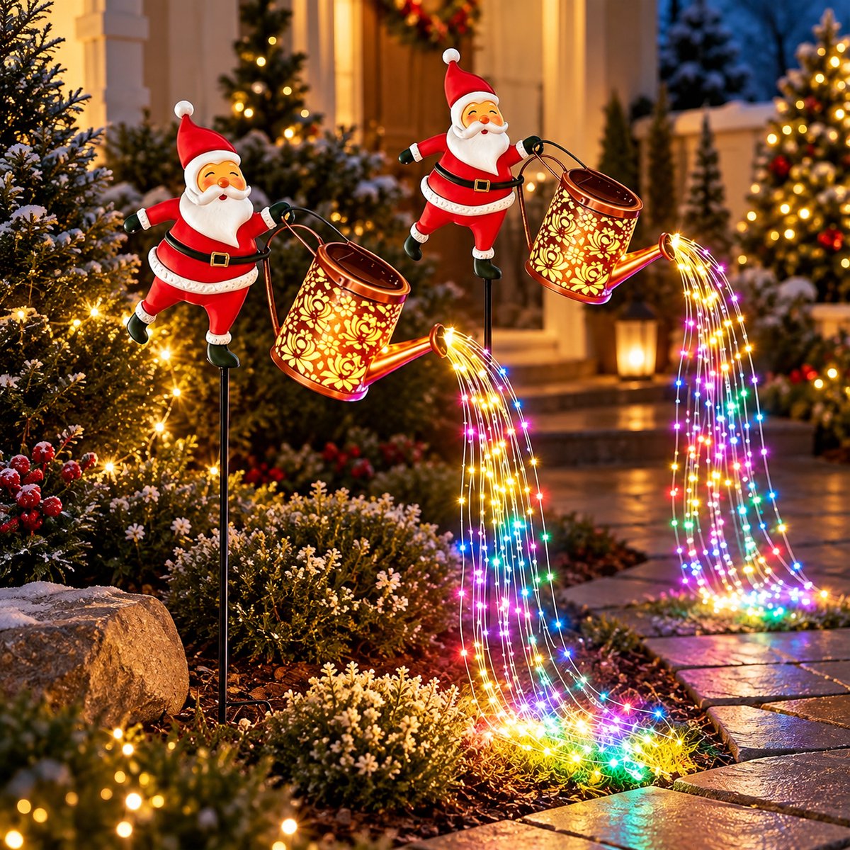 Rojellaa Set van 2 Verlichte Tuinprikkers met Kerstman en Gieter, LED Lichtslang, Meerkleurig
