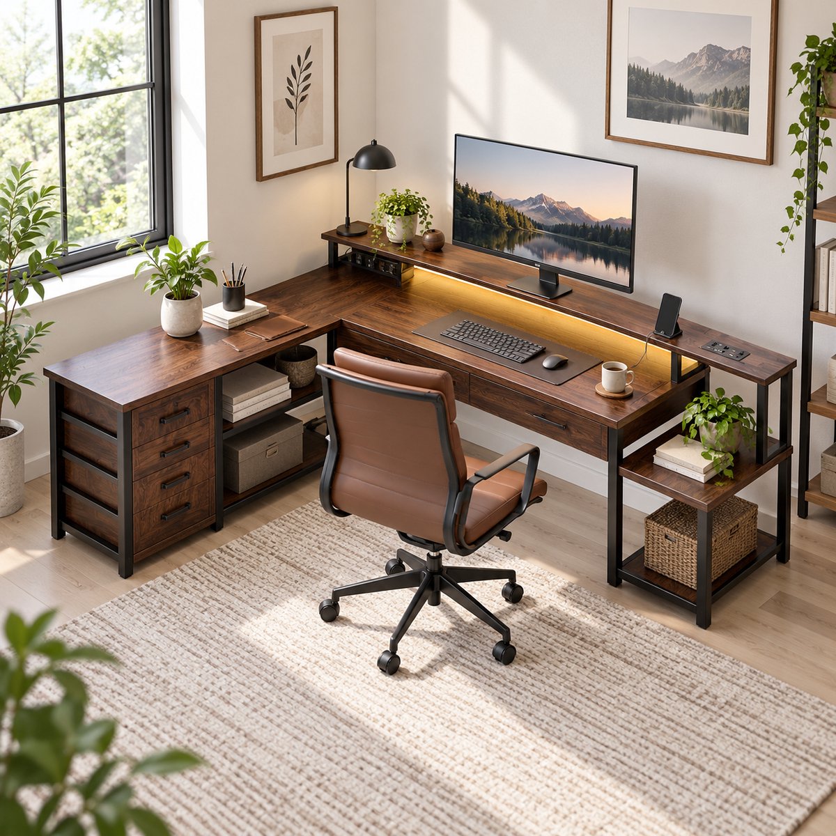 Parasha Nova Bureau - Computertafel, hoekig bureau met laden, stopcontacten en USB-poorten, monitorbevestiging en LED-verlichting. Bruin