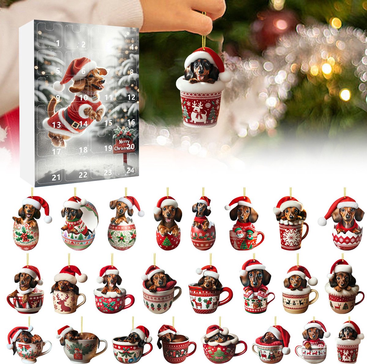 Adventskalender 2026 -Adventskalender Teckelhond 2026 - Acryl Kerstboomhanger - Kerstboomdecoratie - 24-daagse Kerstadventskalender met Teckel Ornament