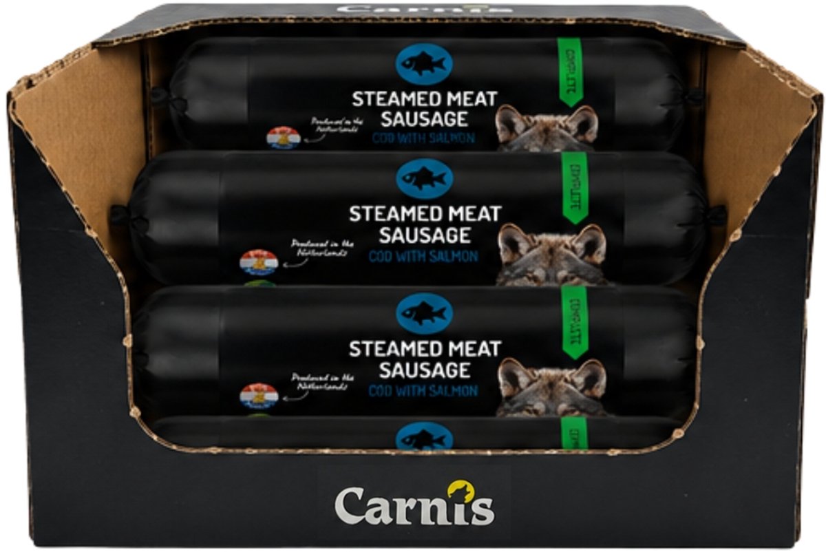 Carnis Graanvrije Gestoomde Vleesworst Kabeljauw met Zalm Omdoos 15 x 400 gram - Hond - Kat