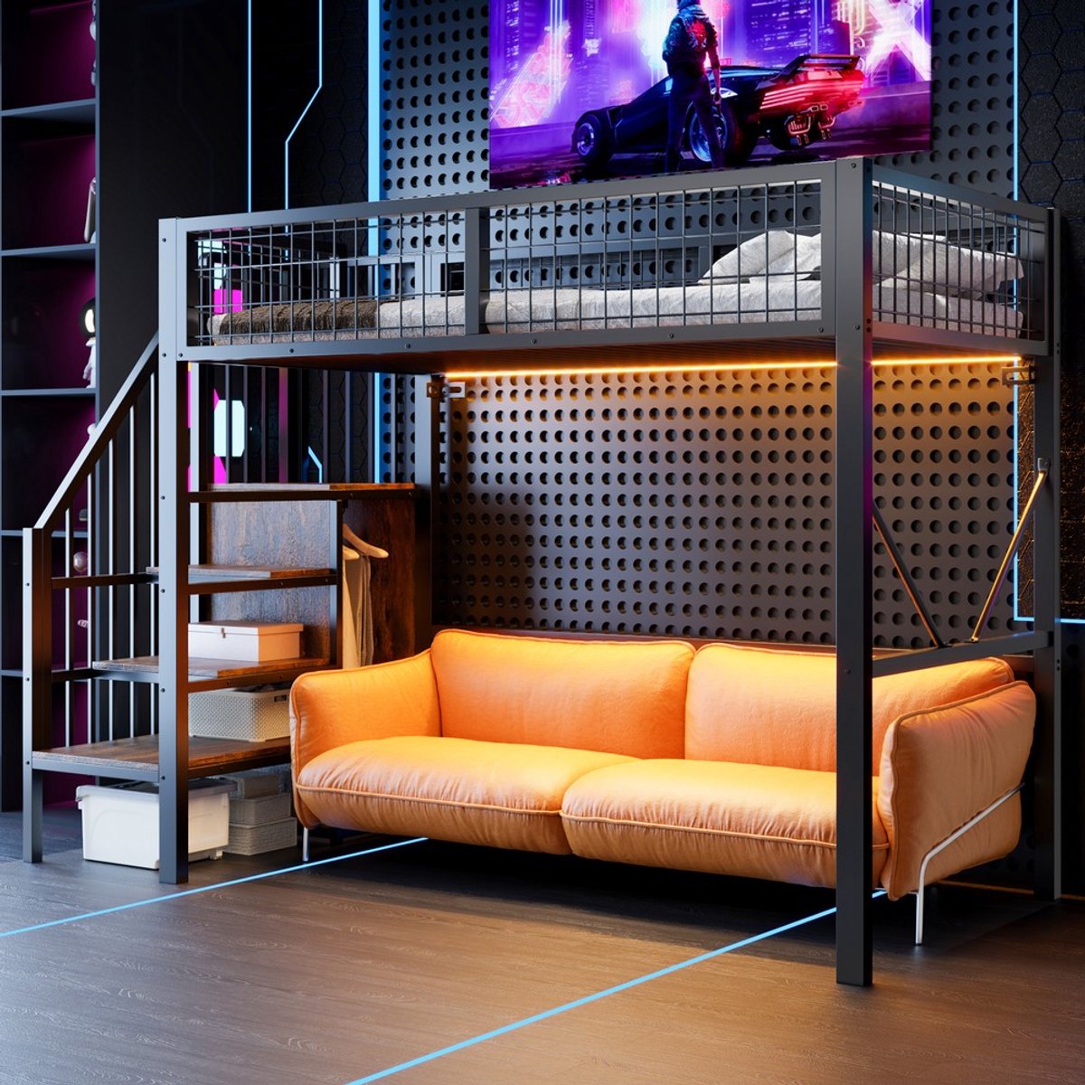 Pugsdrly Metalen hoogslaper 90 x 200 cm, bedframe inclusief ladder en opbergruimte, led-verlichting, veiligheidshekwerk van metaalgaas. Zwart