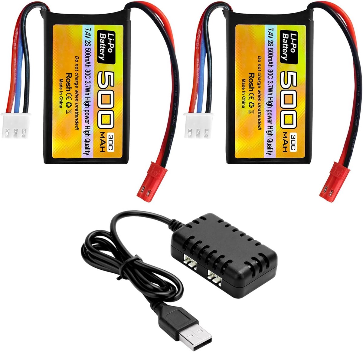 2PCS 7.4V 500mAh 30C JST-2P Plug Lipo Batterij met 2-in-1 Lader voor RC Helikopters, Quadcopters, Kleine Vliegtuigen, Micro FPV Racing Drones, RC Auto's, Vrachtwagens, en High-Speed Voertuigen