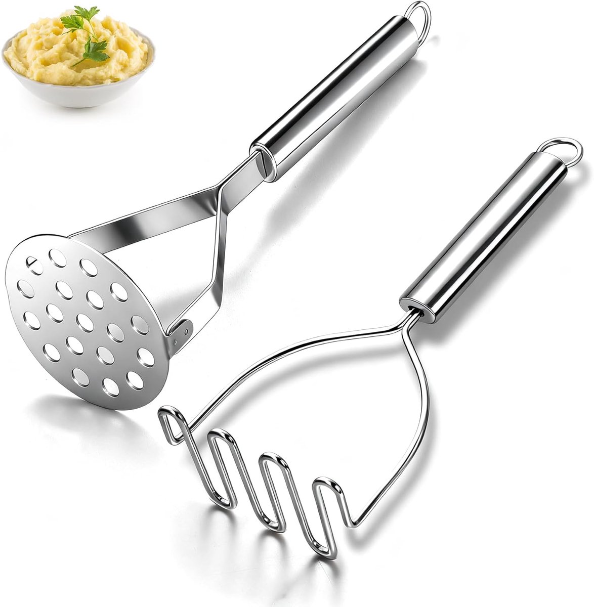 2 Stuks, Kyraton Rvs Sterke Aardappel Stampers Keuken Gereedschap voor Avocado, Aardappelen, Geschikt voor vaatwasser met ophanggat voor eenvoudige opslag, Essentiële Keuken Gadgets.