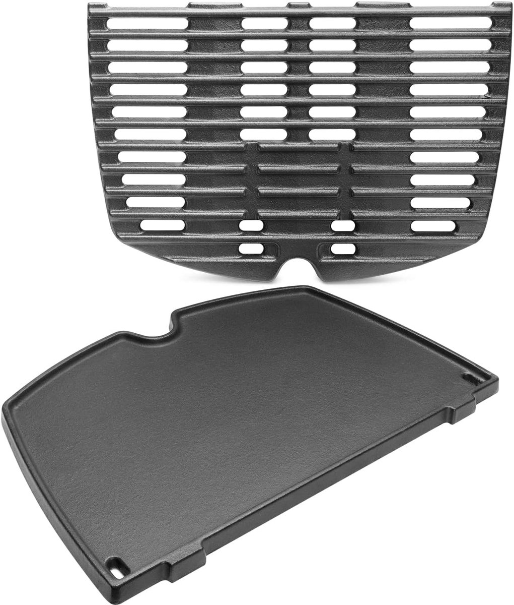 7644 gietijzeren grillrooster voor Weber Q100, Q1000, Q1200, Q1400 serie, 32 x 21,6 cm grillpan reserveonderdelen voor Weber 644/7582 grill, set van 2 met grillborstel (6558 + 7644 grillplaat)