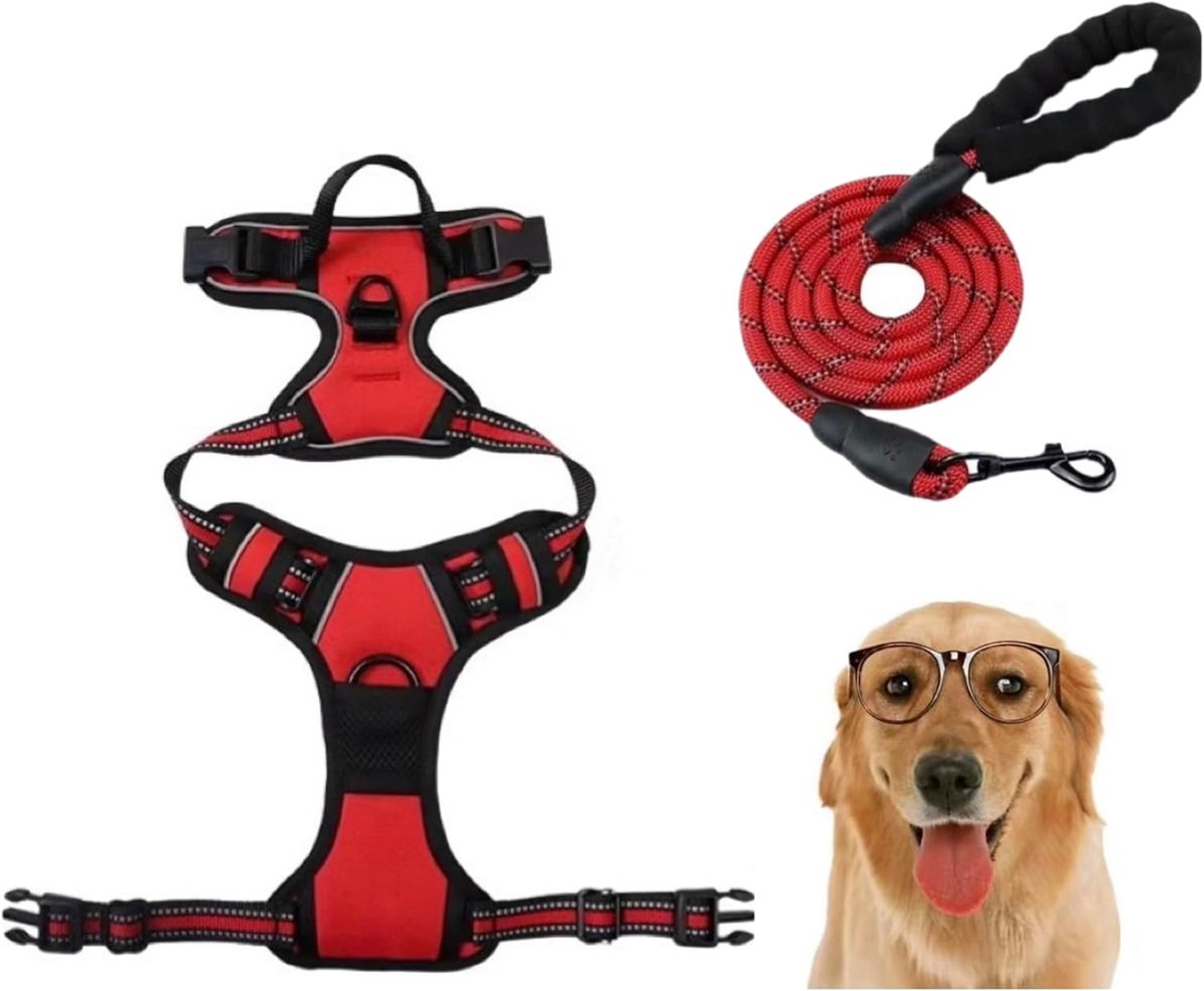 Harnas voor grote en middelgrote honden met 2 metalen haken, reflecterend hondenharnas met en duurzame riem. (M (Borst: 53-71 cm), rood)