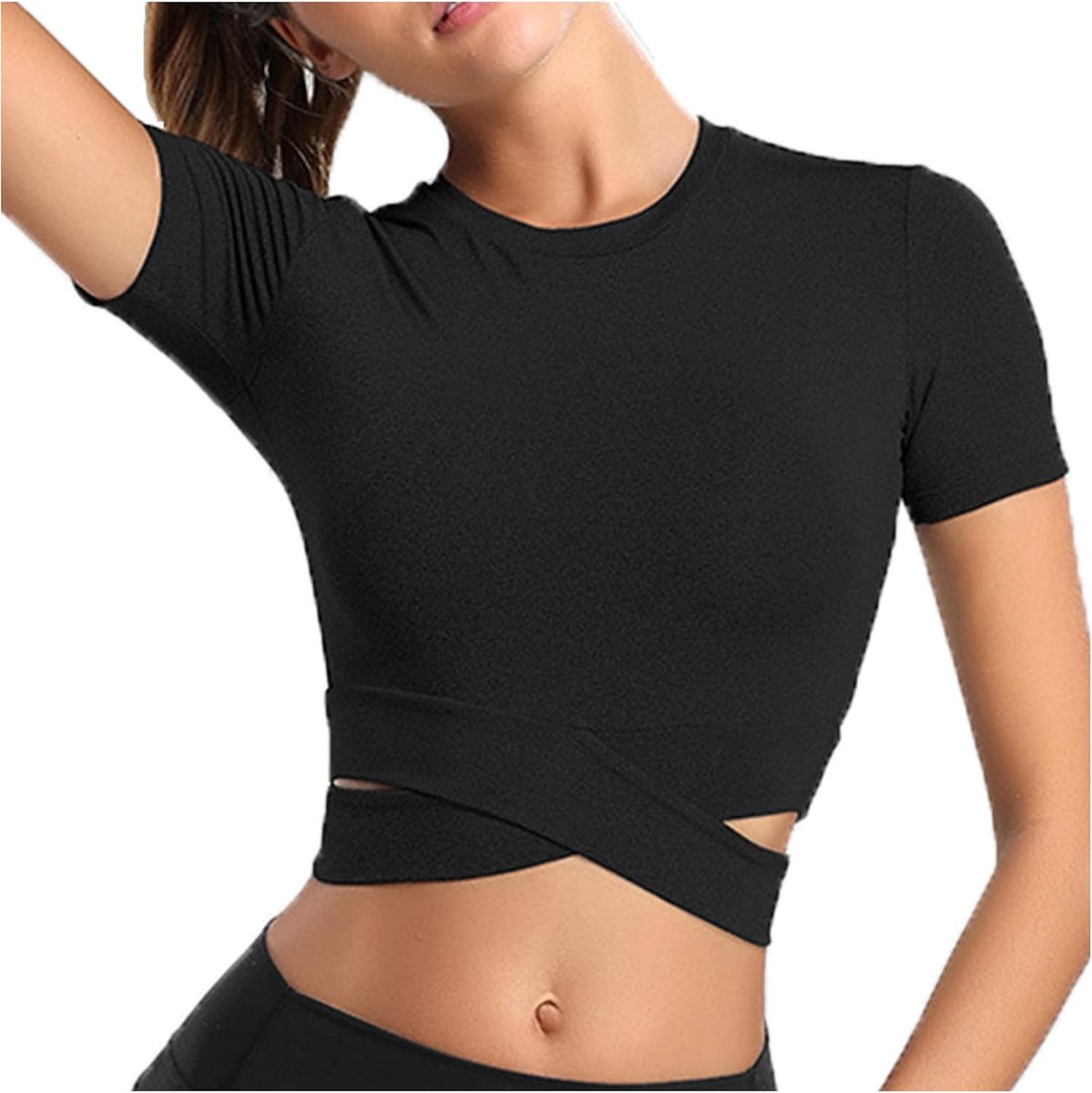 Sportbovenstuk voor dames, buikvrije top, korte mouwen, hardlopen, T-shirt, yoga, crop top met gekruiste zoom, zwart, S