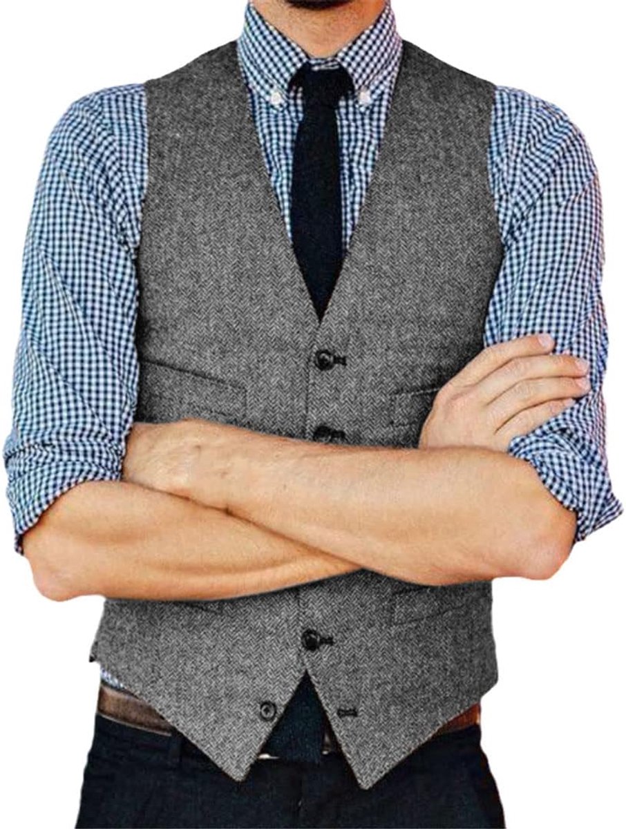 Heren pak vest bruiloft vest V-hals Vintage Steampunk gilet, Grijs, XL