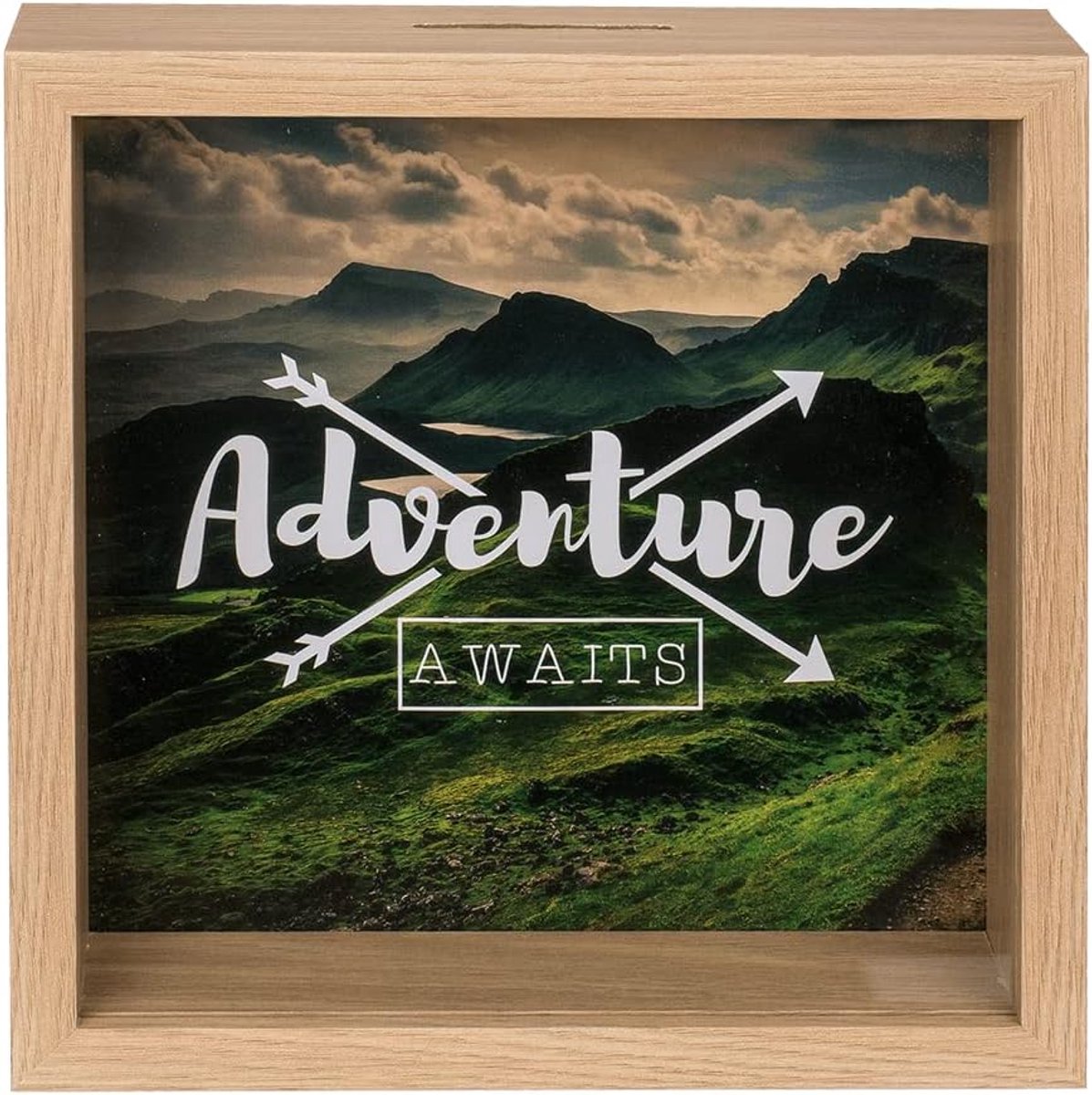 Spaarpot, wacht op avontuur. Muntenspaarpot, origineel design Adventure Awaits (20 x 20 cm), met haak om op te hangen.