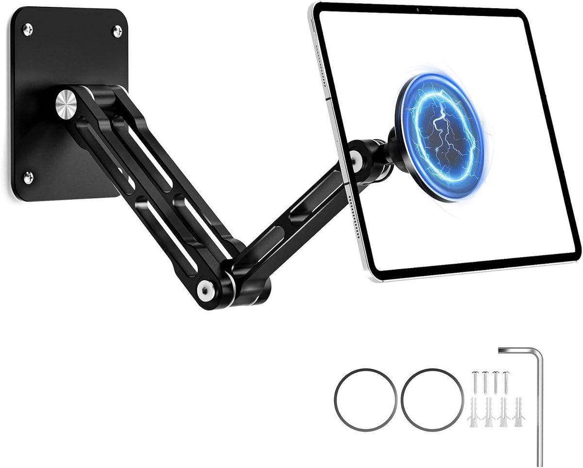 Tablet Wandhouder, Aluminium Uitschuifbare Wandhouder, 360° Draaibaar, Krachtig Magnetisme, Verstelbaar en Opvouwbaar, Compatibel met Telefoons en Tablets