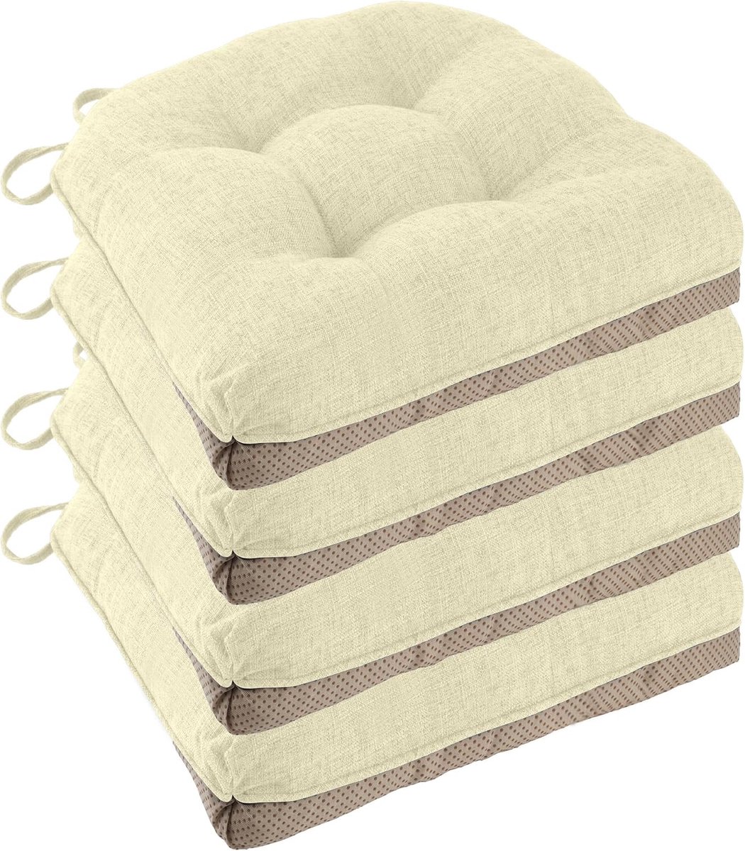 Set van 4 antislip stoelkussens voor eetkamerstoelen, 45,7 x 45,7 x 7,6 cm, geturfte stoelkussens, comfortabel en zacht zitkussen met banden, ivoorwit
