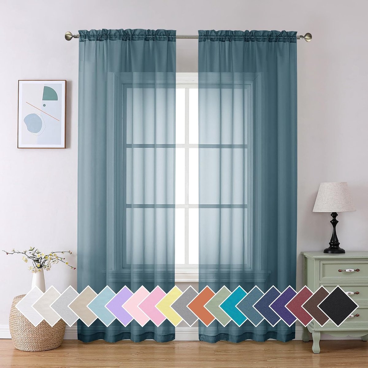 Stoffige blauwe transparante gordijnen 229 cm lang, 2 panelenset, lichtfilterende, zachte, luchtige voile met roedezak, stofblauw, doorschijnend raamgordijnen voor slaapkamer, woonkamer, elk