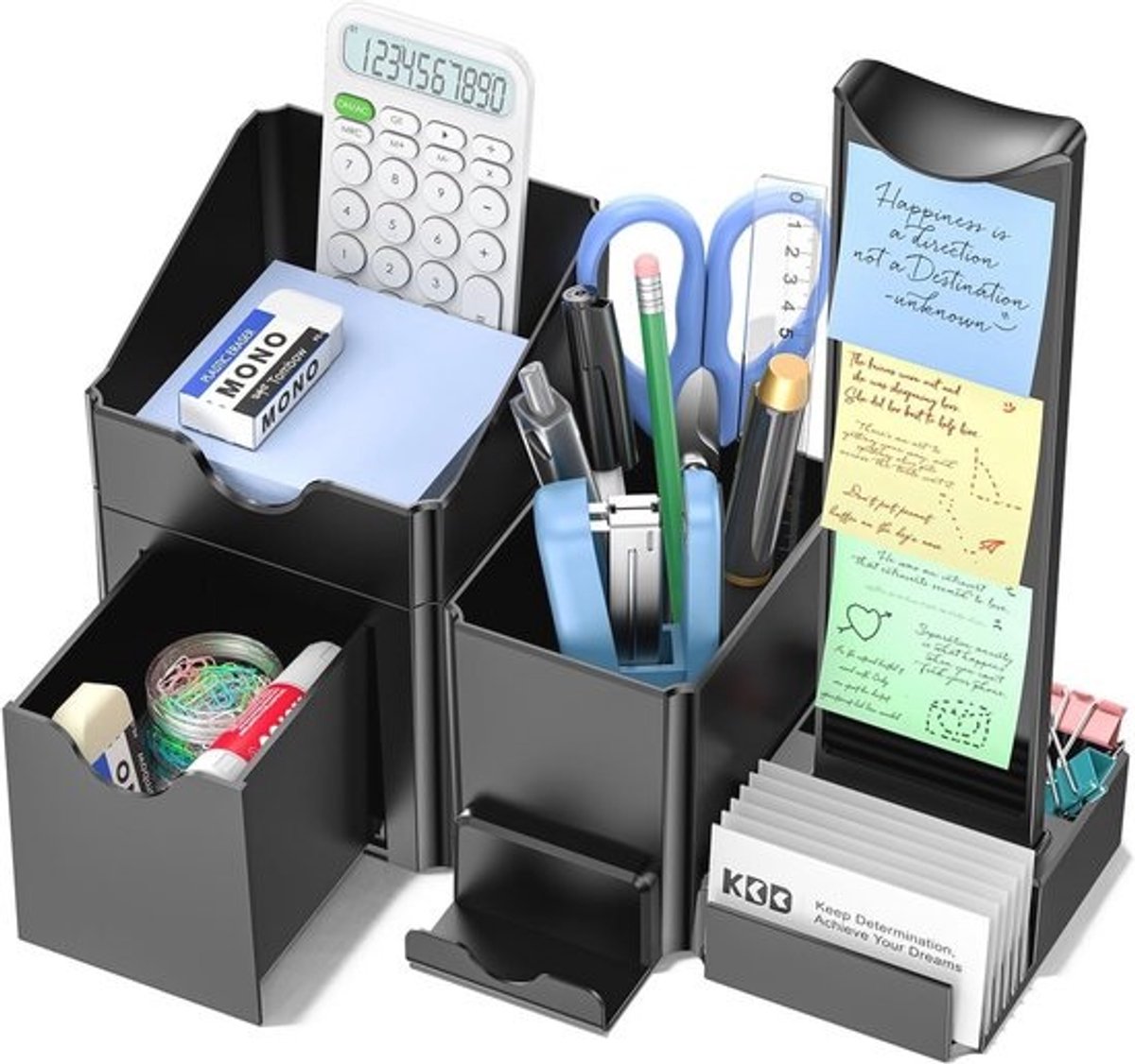 7-in-1 bureau-organizer met lade, pennenhouder met hoofdtelefoonhaak, telefoonhouder, notitiehouder, visitekaartjeshouder, tablet - afneembare kantoororganizer voor school en kantoorbenodigdheden
