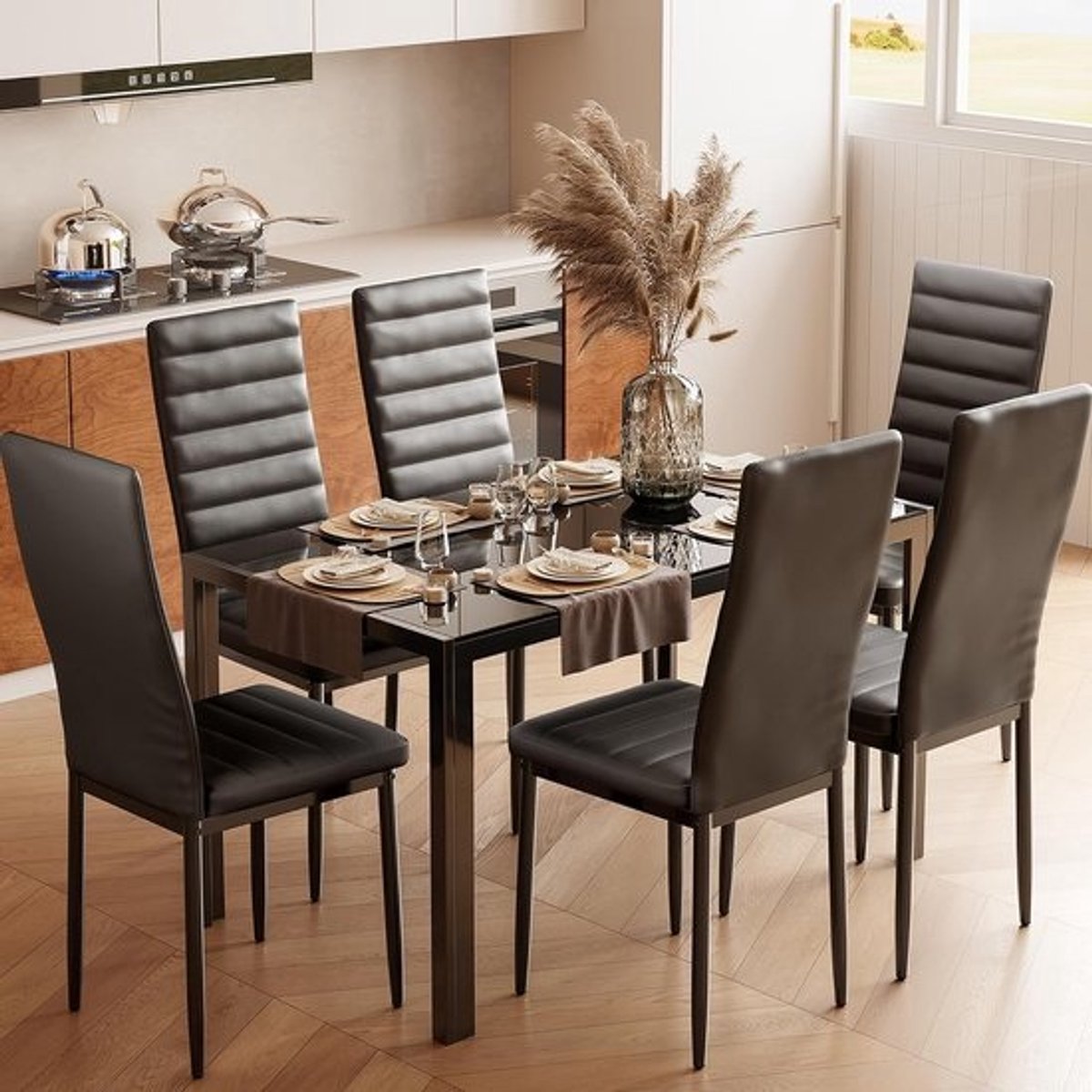Moderne eetkamerset - Glazen tafel met zes stoelen - Voor 6 personen