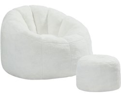 Zitzak voor Volwassenen met Voetenbank - Bloemvormige Lounge Stoel - 30D Schuimvulling - Zachte Bekleding - 105 x 105 x 70 cm - Crèmewit