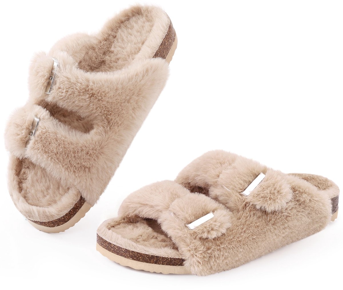 Homaxy - Dames slippers – nep konijnenvacht pluche slippers – comfortabele sloffen – kurken inlegzool – camel – 38 - Geschikt voor een voetlengte van 23.3cm