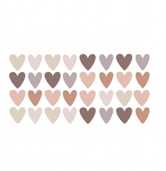 Vel met diverse hartvormige muurstickers in zachte tinten beige, bruin en roze.