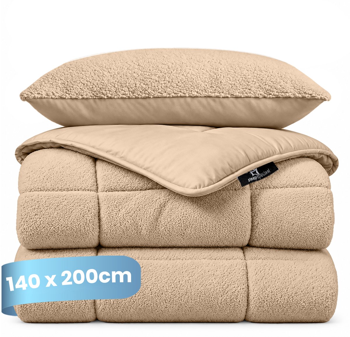 Slaapspeciaal Teddydekbed - Dekbed zonder overtrek - Winterdekbed - Wasbaar dekbed zonder overtrek - Hoesloos dekbed - Fluffy - 2 in 1 Dekbed - Taupe - 140x200 cm - Inclusief Kussensloop 60x70 cm