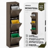VEEHAUS Prullenbak Afvalscheiding 45 Liter (3x15L), 3 Vakken met Klep, Metaal, Keuken & Kantoor, Beige