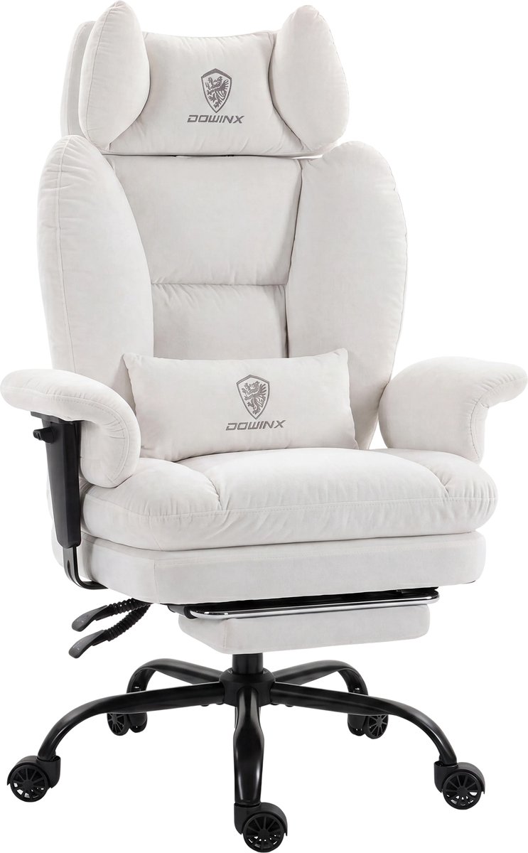 Dowinx Gamingstoel - Ergonomische Bureaustoel - Grote Bureaustoel - Ademende Stof en Flueel - Met Voetensteun en Verstelbare Rug - Bureaustoel Gaming chair - Wit