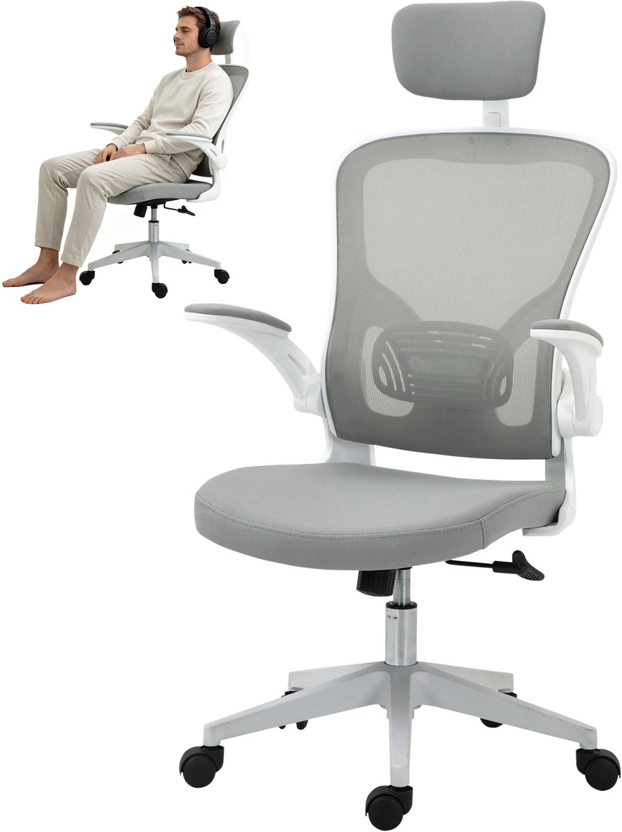 Ergonomische Bureaustoel - Thuiskantoorstoel - Computerstoel - Grijs - 65x64x114-122 cm - Met Lumbaalsteun, Hoofdkussen, Kantelbare Armleuningen & Rocking Functie - Max. 120 kg