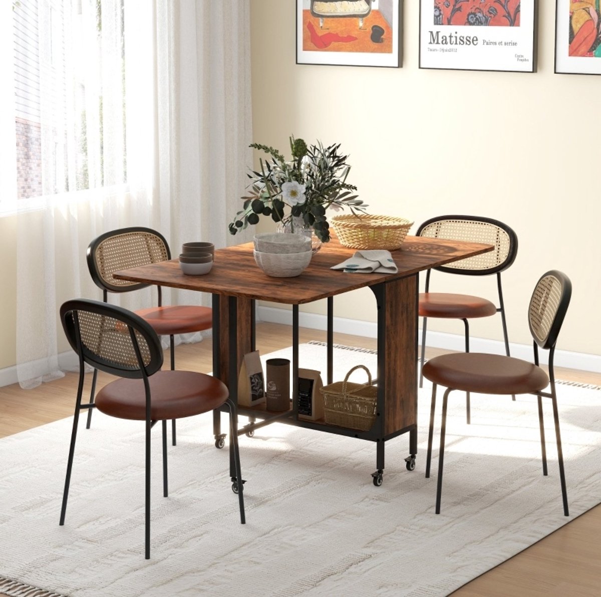 DESMIU Klapbare Eettafel - Mobiele Tafel Met Opbergplank En Wielen - Voor Zes Personen - Spaanplaat - 130x80x74 Cm - Rustiekbruin Rustic Brown