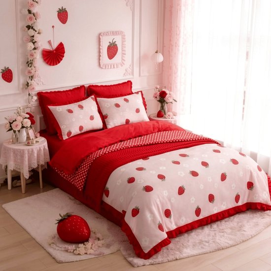 Couette avec volants rouges et un motif blanc de fraises rouges et de pois blancs.