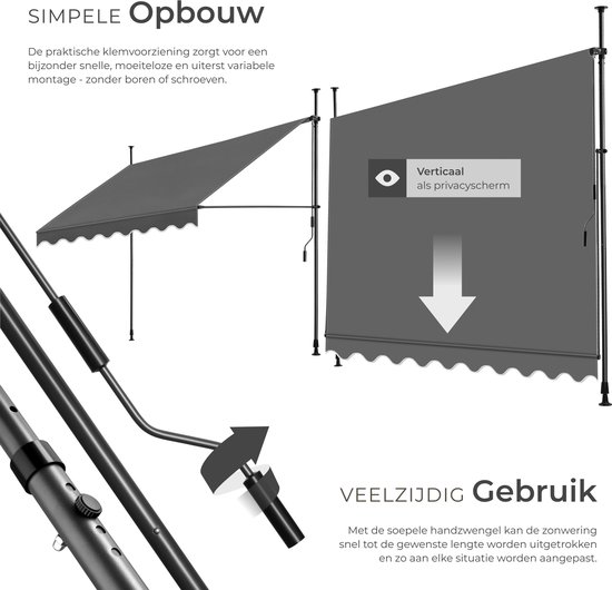 Antraciet klemluifel met handslinger, verstelbaar en te gebruiken als privacyscherm. Eenvoudige montage zonder boren.