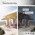 Wind- en weerbestendige luifel in antraciet, gemaakt van waterafstotend polyester met een gepoedercoat stalen frame.