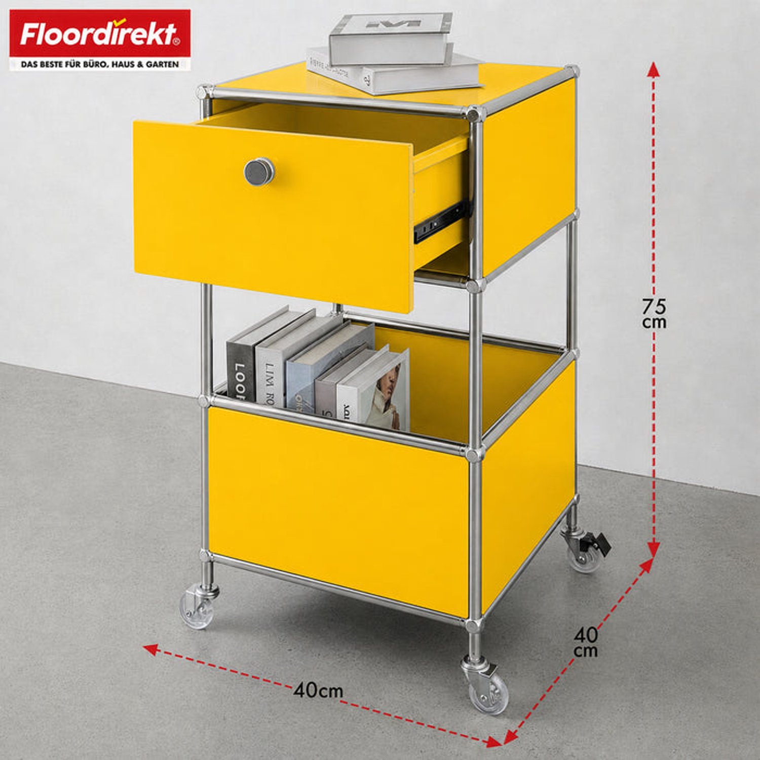 Metalen kast | Concept Epure MK-145 | Verrijdbare opbergwagen met 3 niveaus, lade en planken | Geel