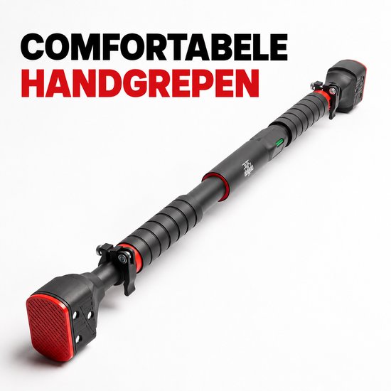 Zwarte optrekstang met geribbelde handgrepen en rode eindkappen, met een groen waterpas. Tekst: "COMFORTABELE HANDGREPEN".