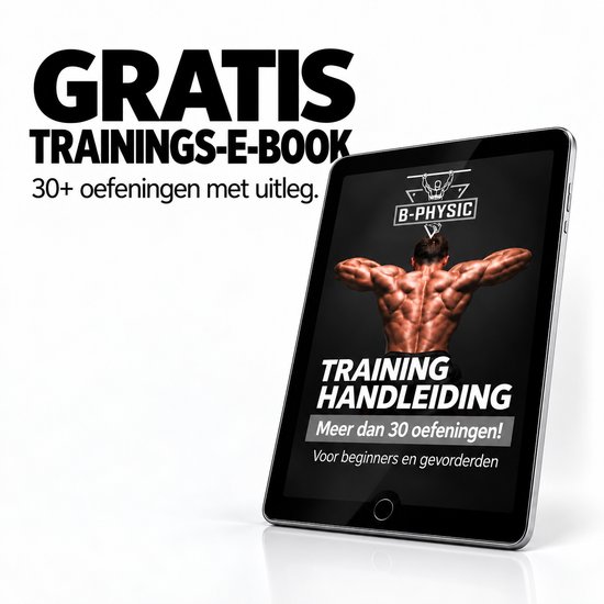 Zwarte optrekstang naast een tablet waarop een "Training Handleiding" met meer dan 30 oefeningen wordt getoond.