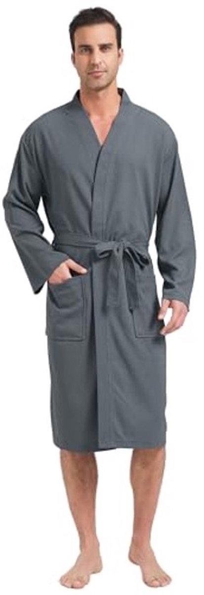 Lichte knielange - kimono badjas - voor heren - Wafelpique - zomerbadjas