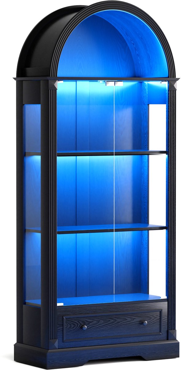 180 Cm Hoge Zwarte Vitrinekast Met Glazen Deuren - Boogvormig Design Met Ledverlichting En Lades - Voor Woonkamer, Keuken En Eetkamer - MDF