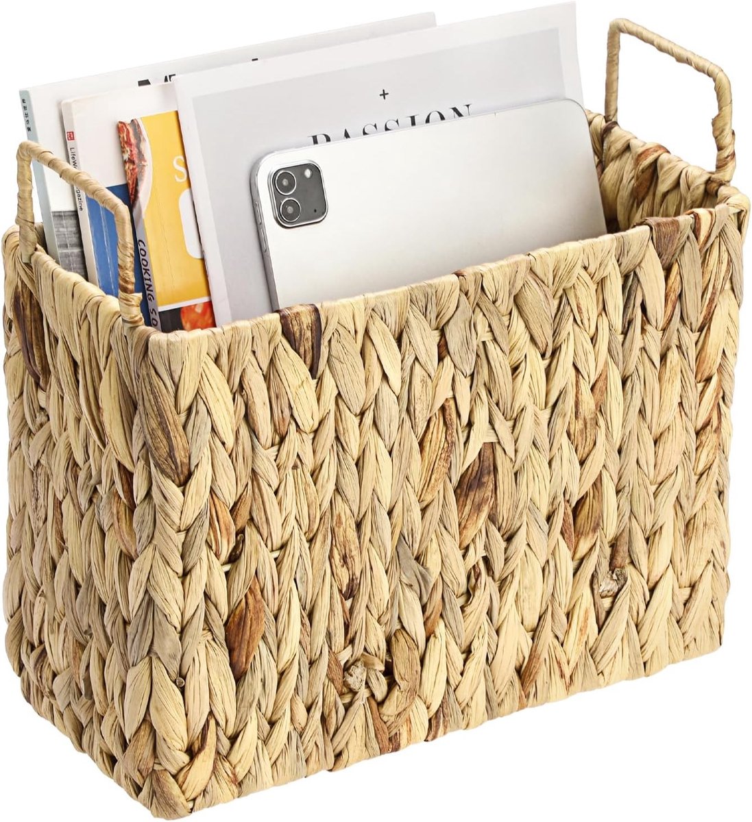 Woven Opbergmand van Waterhyacint voor Tijdschriften en Boeken, Handgeschilderde Wicker Mand met Handvat, Decoratieve Oplossing voor Papieren en Cadeaus, 30 x 14 x 28 cm
