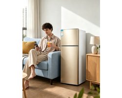 Deze compacte minikoelkast met dubbele deur en vriesvak heeft een inhoud van 43 liter en is ruimtebesparend waardoor hij geschikt is voor slaapkamers woonkamers keukens kantoren en studentenkamers Afmetingen 67*39*35,5 cm Goud