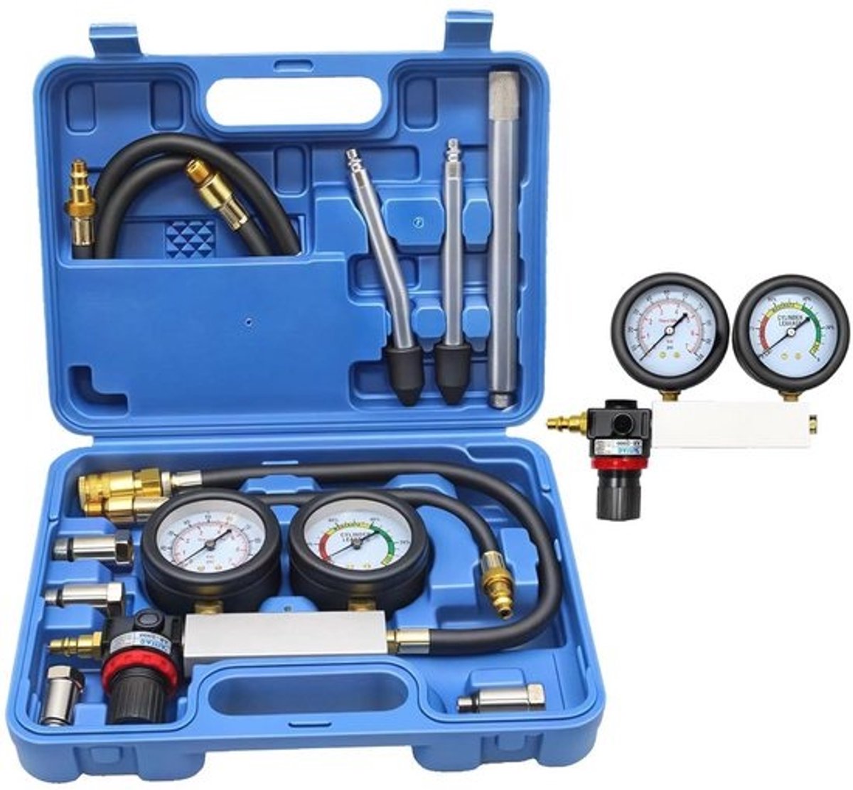 Cilinderlektester - voor benzinemotoren - met dubbele manometer en gereedschapsset
