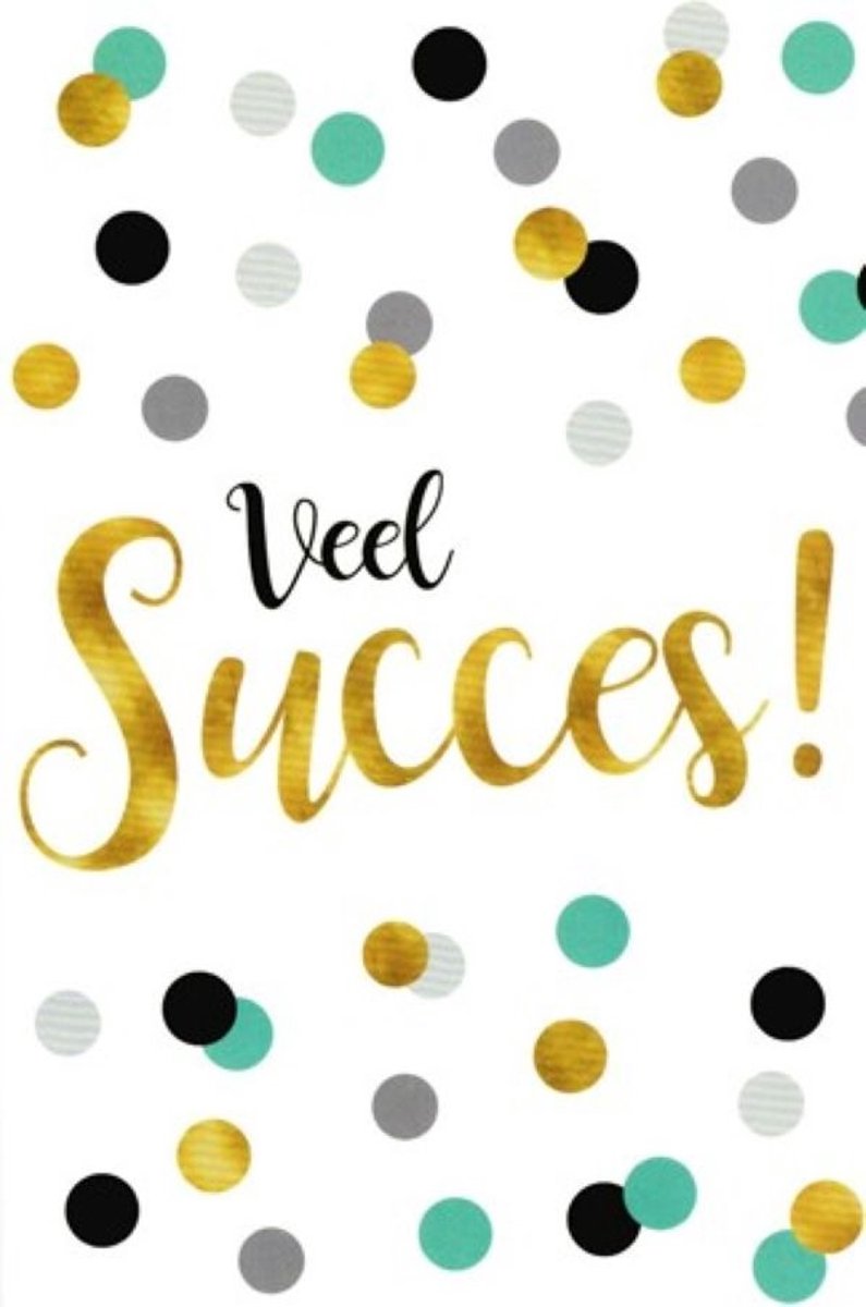 Veel Succes! Een kaart met allerlei gekleurde stippen! Een handige kaart voor diverse gelegenheden, bedankt, succes in de toekomst. Leuk om zo te geven of om bij een cadeau te voegen. Een dubbele wenskaart inclusief envelop en in folie verpakt.