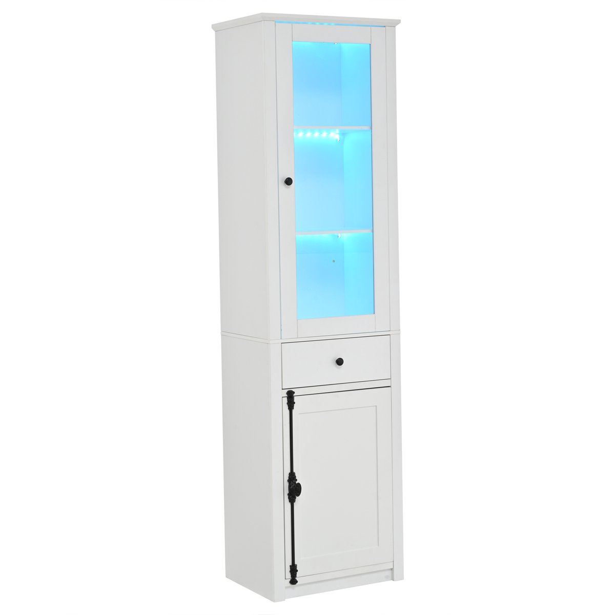 Witte Hoge Vitrinekast Met Glazen Deur En Lade - Staande Vitrine Met LEDverlichting - Meerdere Vakken - Voor Woonkamer - Spaanplaat En Glas