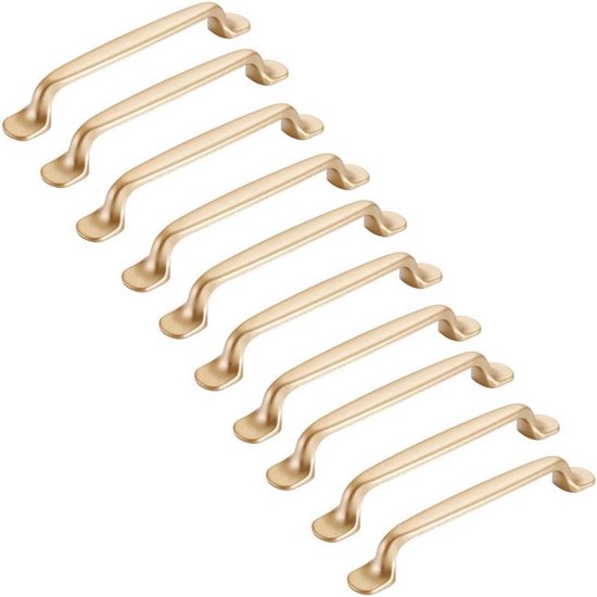 Tien geborsteld gouden kastgrepen met een gebogen vorm en twee bevestigingspunten.