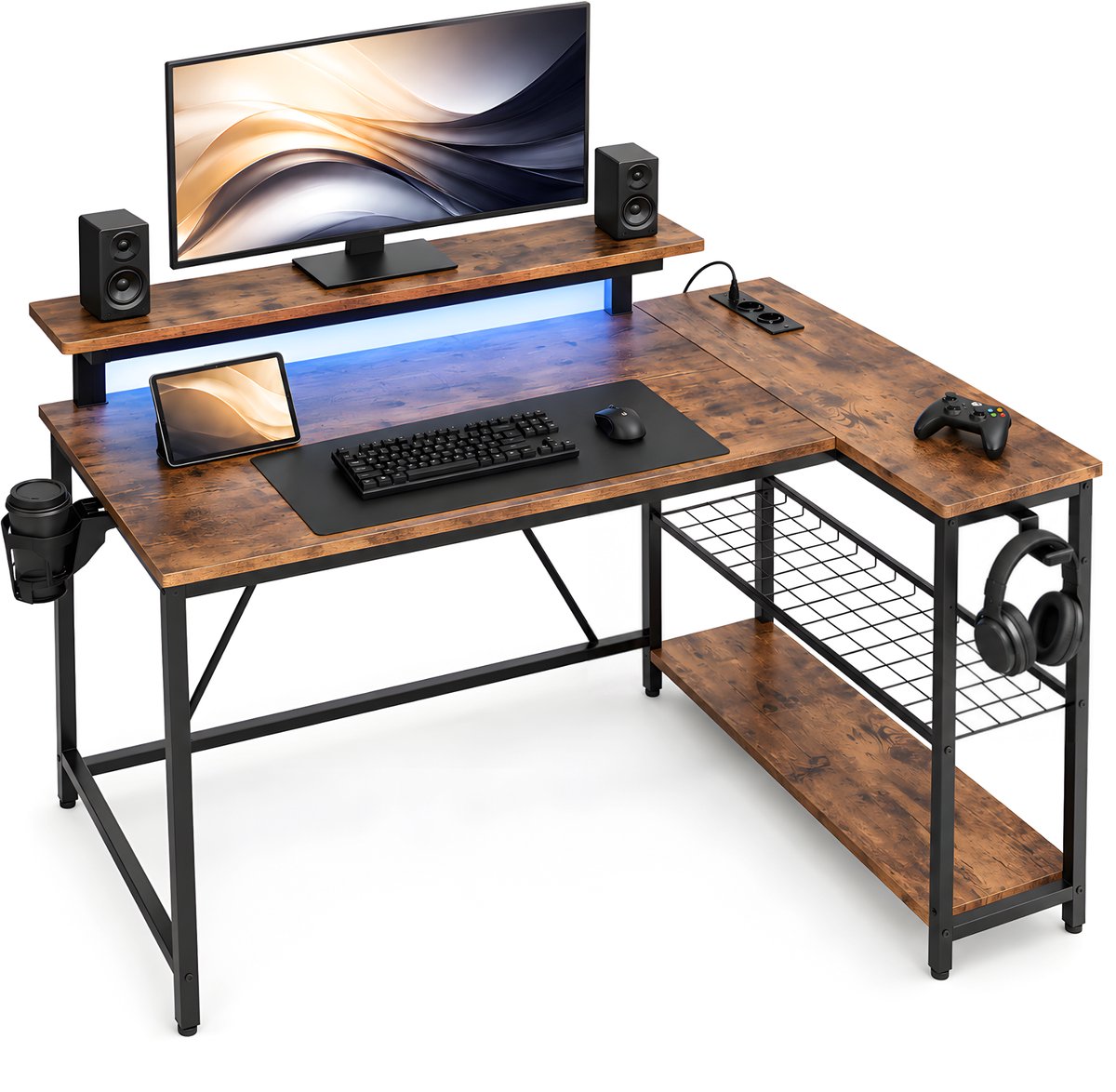 Five Stars L-Vormig Game Bureau - 107x80x76 cm - Game Bureau met LED Verlichting - Rustieke Houtlook - Hoekbureau - Gaming Desk - Computertafel