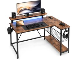 Five Stars® L-Vormig Game Bureau - 107x80x76 cm - Game Bureau met LED Verlichting - Rustieke Houtlook - Hoekbureau - Gaming Desk - Computertafel