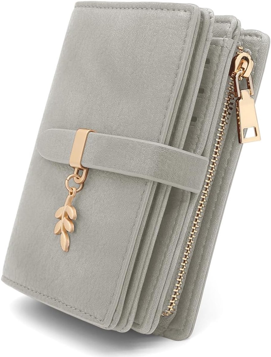 Women's Small PU Leather Wallet with RFID Blocking, Small Wallet and Zip, Push Button and 17 Card Slots, Wallet, Grey - ShopVlot