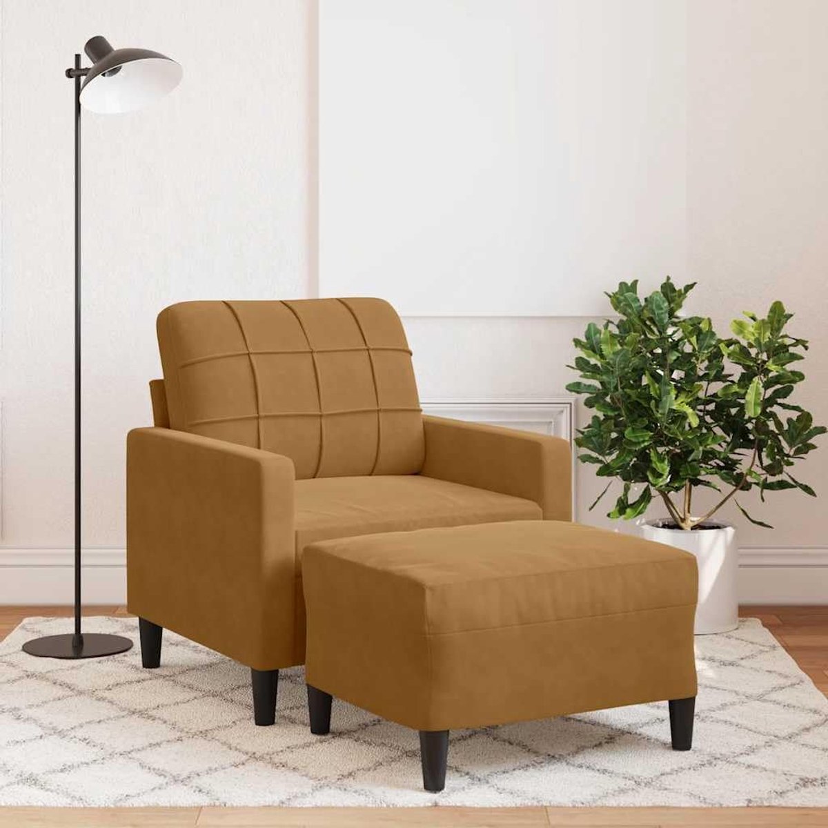 Fluwelen stoel met kruk, bruin, dik gevoerde zitting en rugkussen, metalen frame, veelzijdige voetensteun of zitgelegenheid, modern design voor de woonkamer
