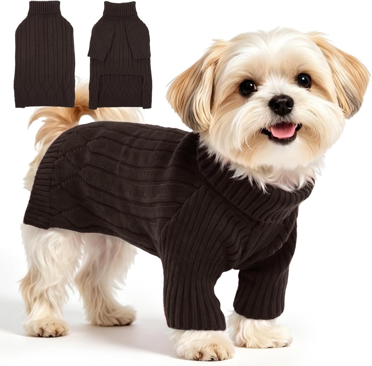 Hondentrui voor kleine honden, coltrui, wintergebreide kleding voor teckel, Yorkie chihuahua, gezellige kersttrui met lange mouwen voor jongens en meisjes, kleine rassen (bruin, S)