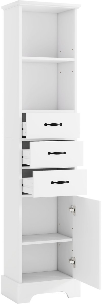Badkamerkast - Hoge Smalle Opbergkast Met Drie Lades En Open Vakken - Kast Met Deur Voor Handdoeken En Verzorgingsproducten - MDF Wit 38 x 26 x 172,5 cm